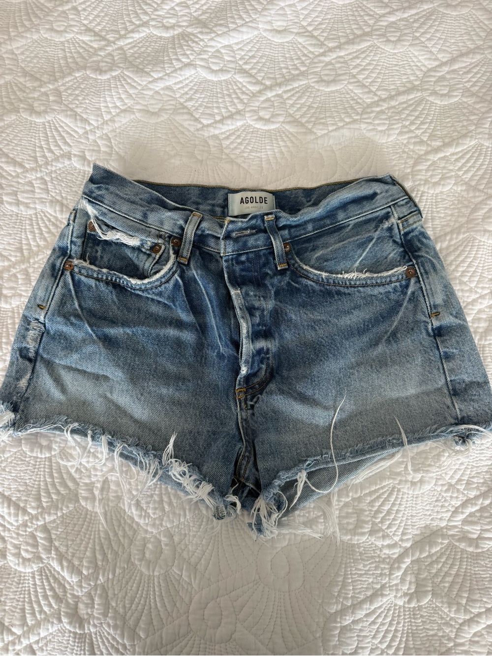 EUC AGOLDE distressed denim shorts size 24